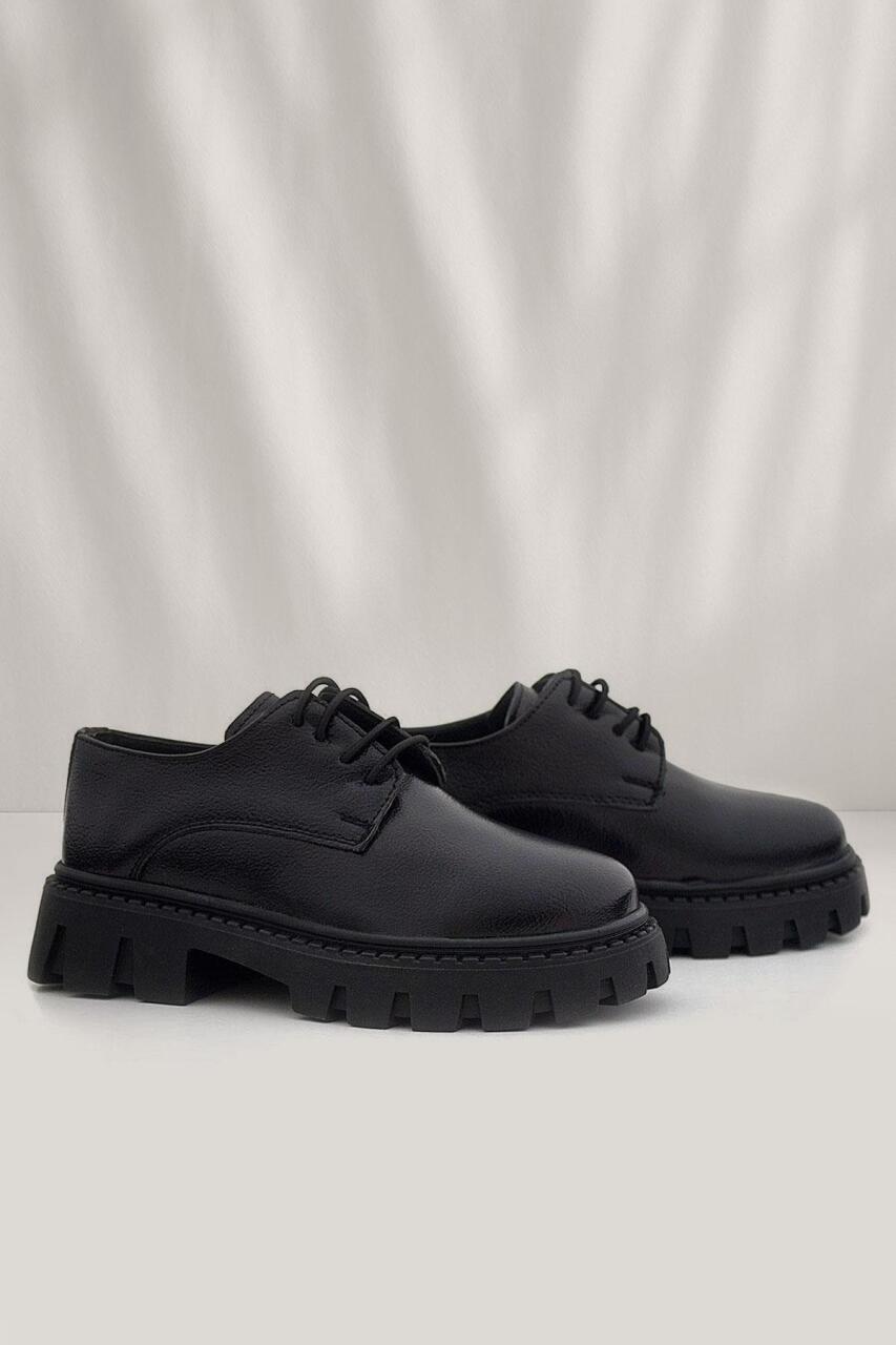 Rakerplus Siyah Kırışık Rugan Bağcıklı Kız Çocuk Oxford Okul Ayakkabı - 1