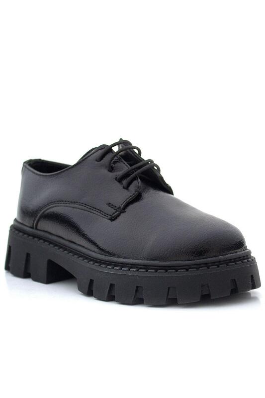 Rakerplus Siyah Kırışık Rugan Bağcıklı Kız Çocuk Oxford Okul Ayakkabı - 2