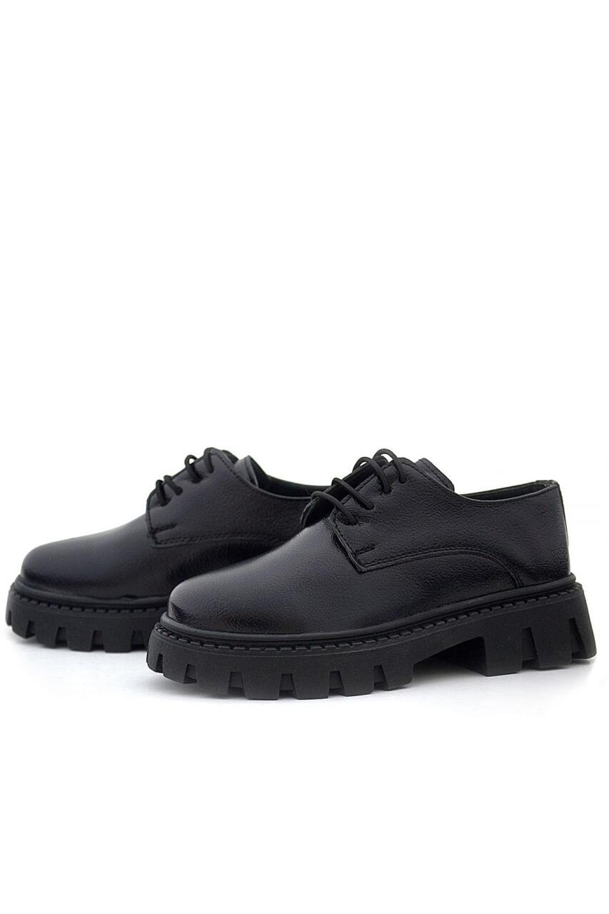 Rakerplus Siyah Kırışık Rugan Bağcıklı Kız Çocuk Oxford Okul Ayakkabı - 6