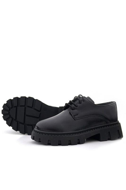 Rakerplus Siyah Kırışık Rugan Bağcıklı Kız Çocuk Oxford Okul Ayakkabı - 7