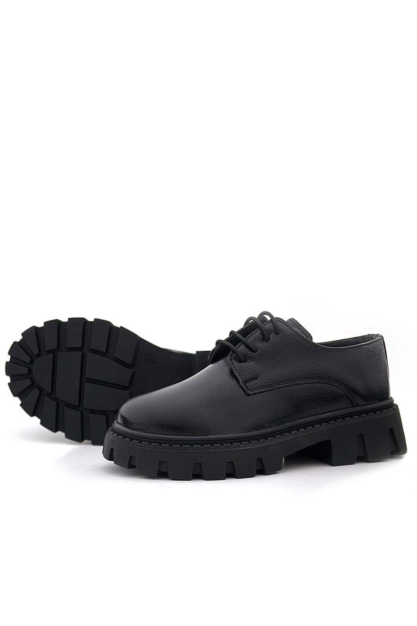 Rakerplus Siyah Kırışık Rugan Bağcıklı Kız Çocuk Oxford Okul Ayakkabı - 7