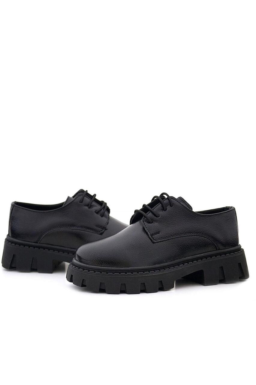 Rakerplus Siyah Kırışık Rugan Bağcıklı Kız Çocuk Oxford Okul Ayakkabı - 8