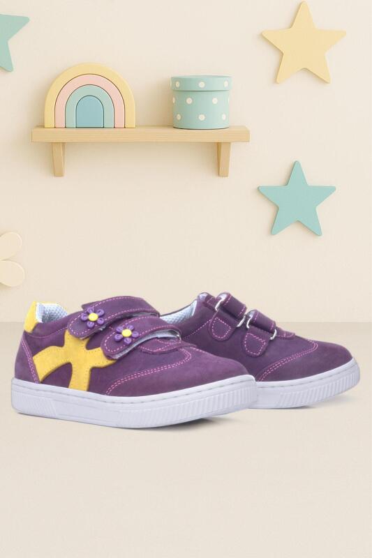 Rakerplus Hakiki Deri Mor Sarı Cırtlı Çiçek Detaylı Kız Çocuk Günlük Ayakkabı - Rakerplus