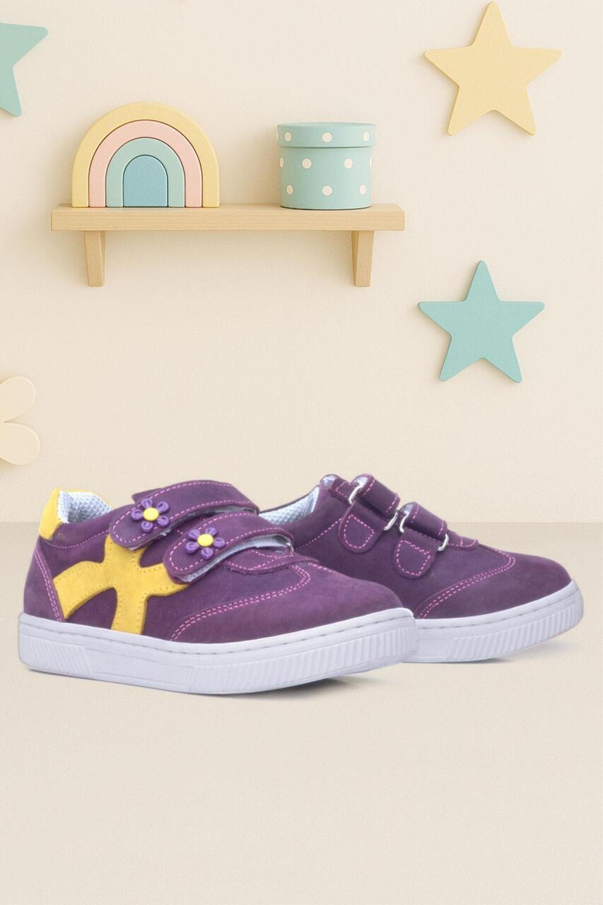 Rakerplus Hakiki Deri Mor Sarı Cırtlı Çiçek Detaylı Kız Çocuk Günlük Ayakkabı - 1