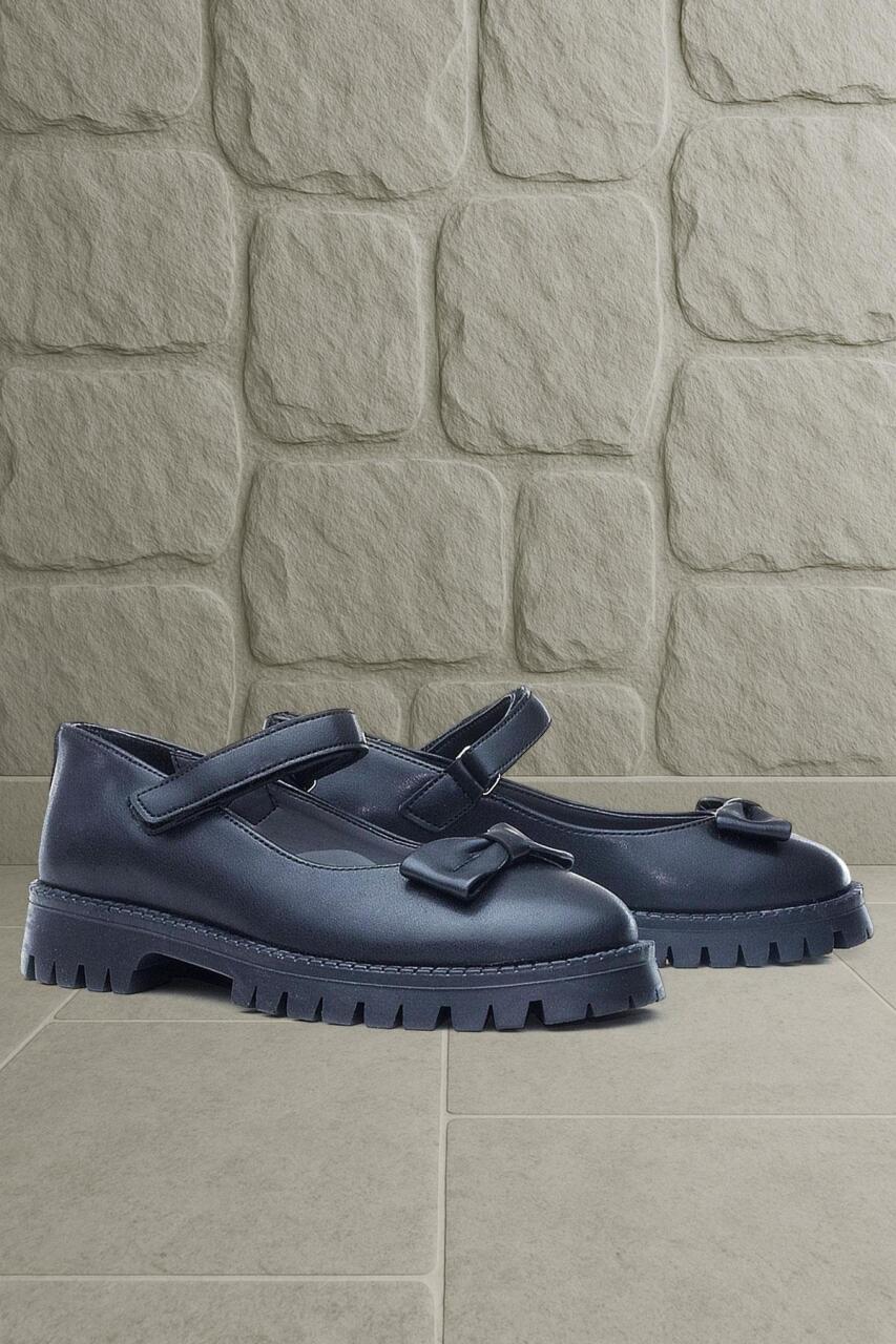 Rakerplus Siyah Mat Kalın Tabanlı Cırtlı Kız Çocuk Babet - 1