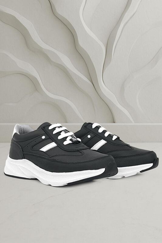 Rakerplus Hakiki Deri Siyah Beyaz Metal Detaylı Bağcıklı Kız Çocuk Spor Ayakkabı - Rakerplus