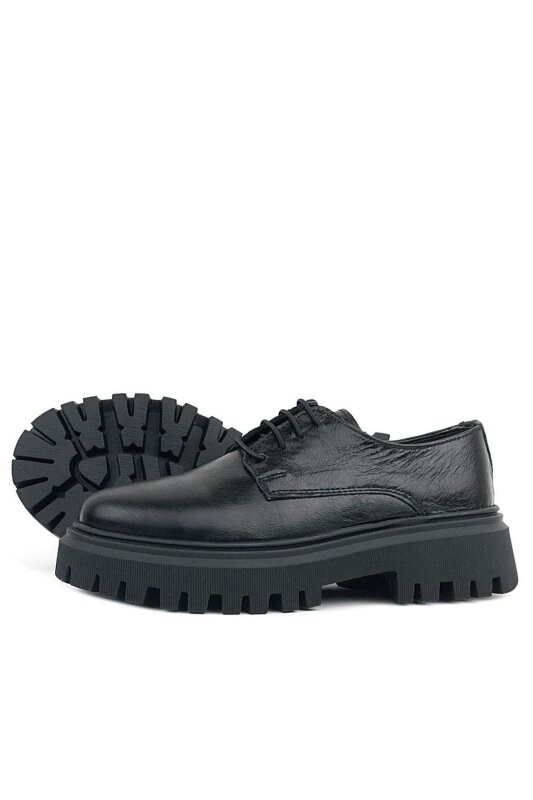 Rakerplus Siyah Kırışık Rugan Hakiki Deri Bağcıklı Kız Çocuk Oxford Okul Ayakkabı - 5