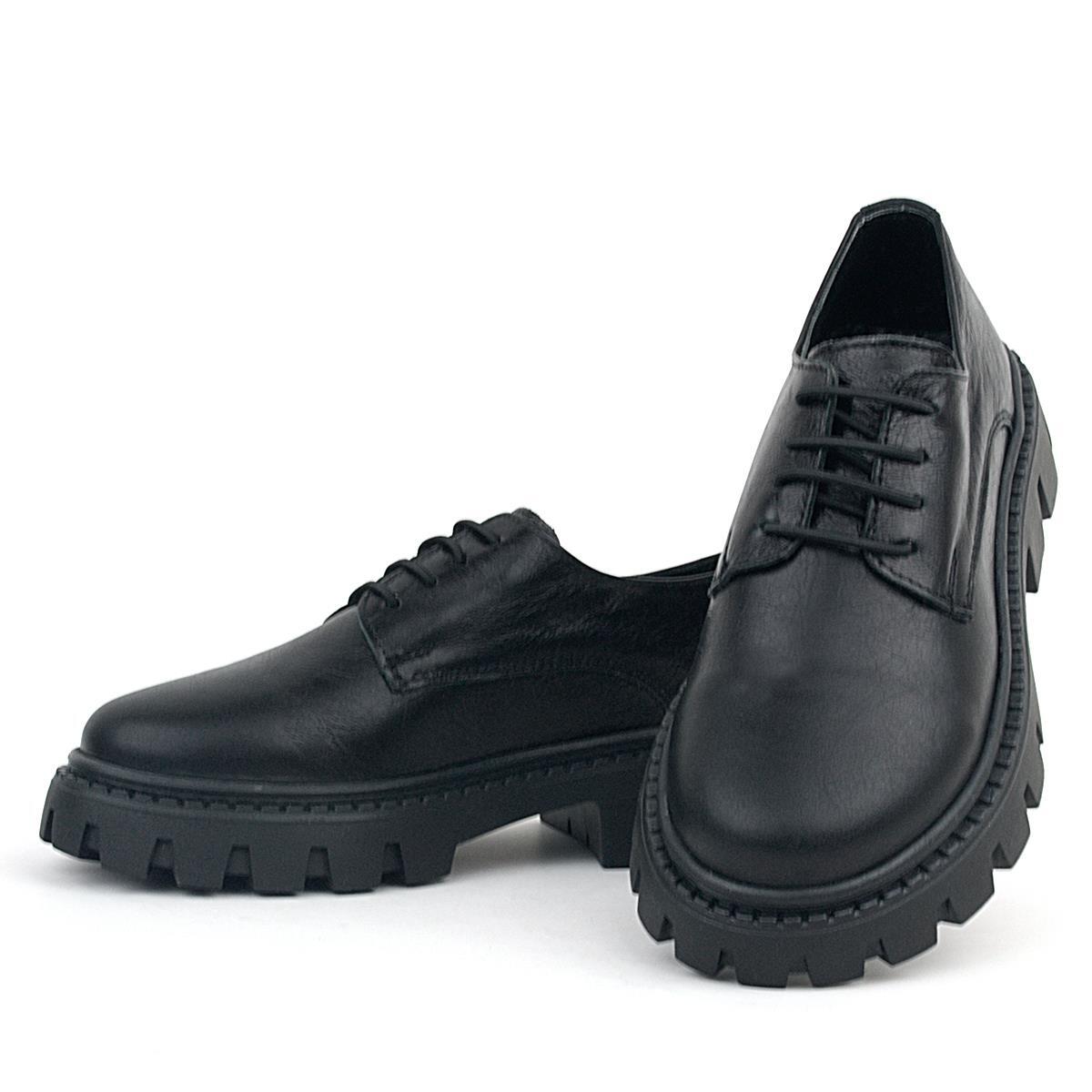 Rakerplus Siyah Kırışık Rugan Hakiki Deri Bağcıklı Kız Çocuk Oxford Okul Ayakkabı - 6