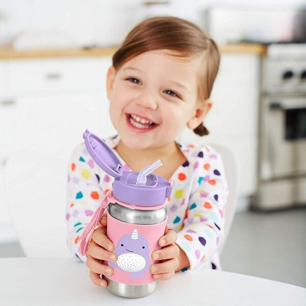 زجاجة مياه سكيب هوب زو المصنوعة من الفولاذ المقاوم للصدأ مع شفاطة، 350 مل، بتصميم حوت وحيد القرن - 3