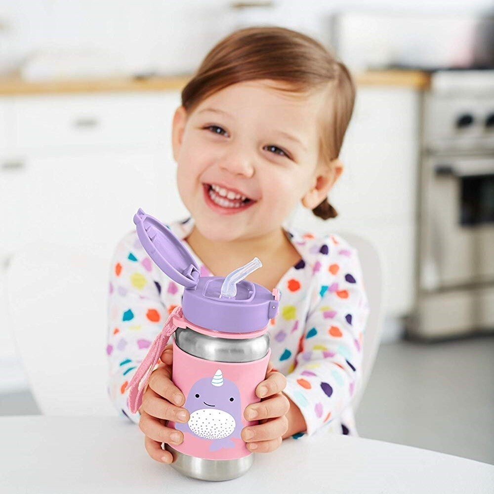 زجاجة مياه سكيب هوب زو المصنوعة من الفولاذ المقاوم للصدأ مع شفاطة، 350 مل، بتصميم حوت وحيد القرن - 3