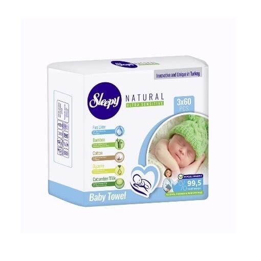 Sleepy Natural Islak Havlu Mendil 3x60 180 Yaprak - Sleepy