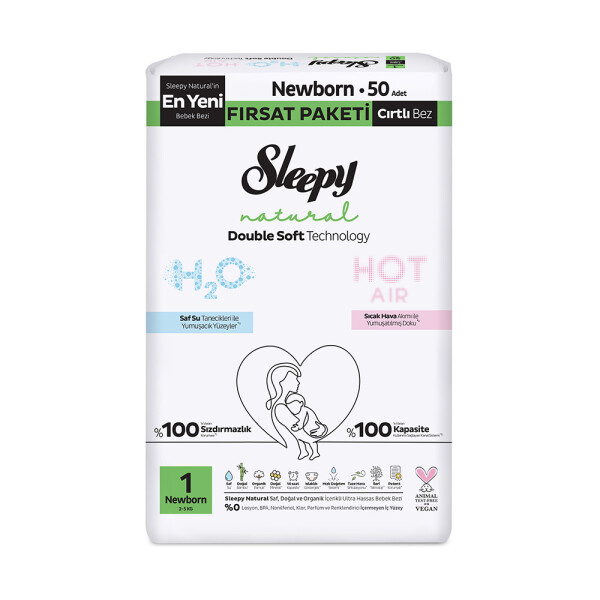 Sleepy Natural Double Soft Bebek Bezi Fırsat Paketi 1 Beden 50 Adet - Sleepy
