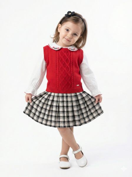 Kız Çocuk Elbise 6-36 Ay 4009 Ekru - Kırmızı - Top Girl