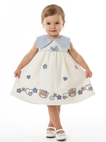 Külotlu Kız Çocuk Elbise 3-12 Ay 5105 Ekru - Mavi - Top Girl
