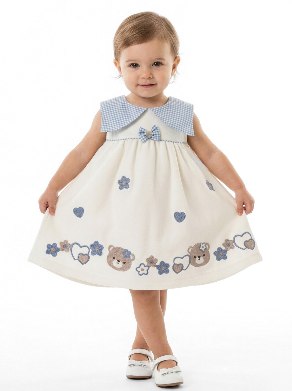 Külotlu Kız Çocuk Elbise 3-12 Ay 5105 Ekru - Mavi - 1