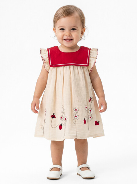 Kız Çocuk Yazlık Elbise 3-12 Ay 5115 Bej - Kırmız - Top Girl