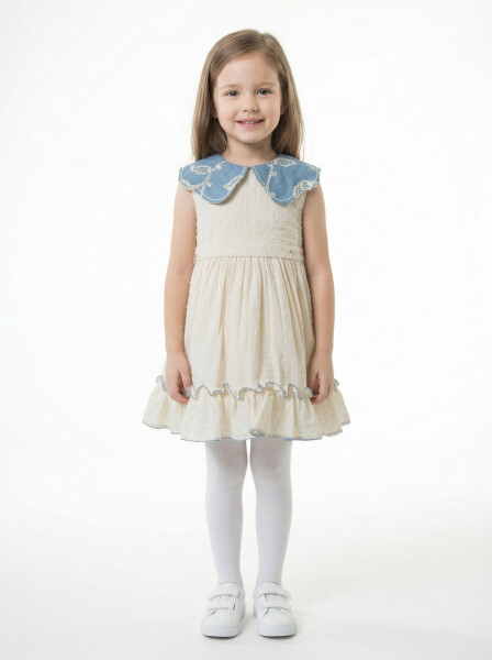 Kız Çocuk Yazlık Elbise 1-5 Yaş 5154 Ekru - Mavi - Top Girl