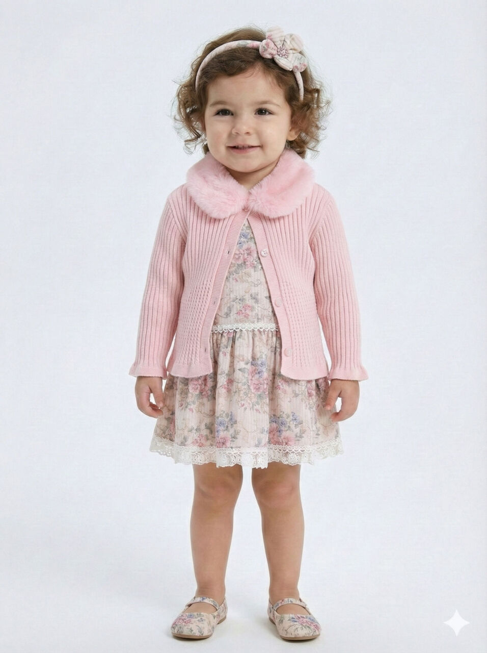 Kız Çocuk Çiöekli Elbise + Kürk Yakalı Bolero 1-5 Yaş 4741 Pembe - 1