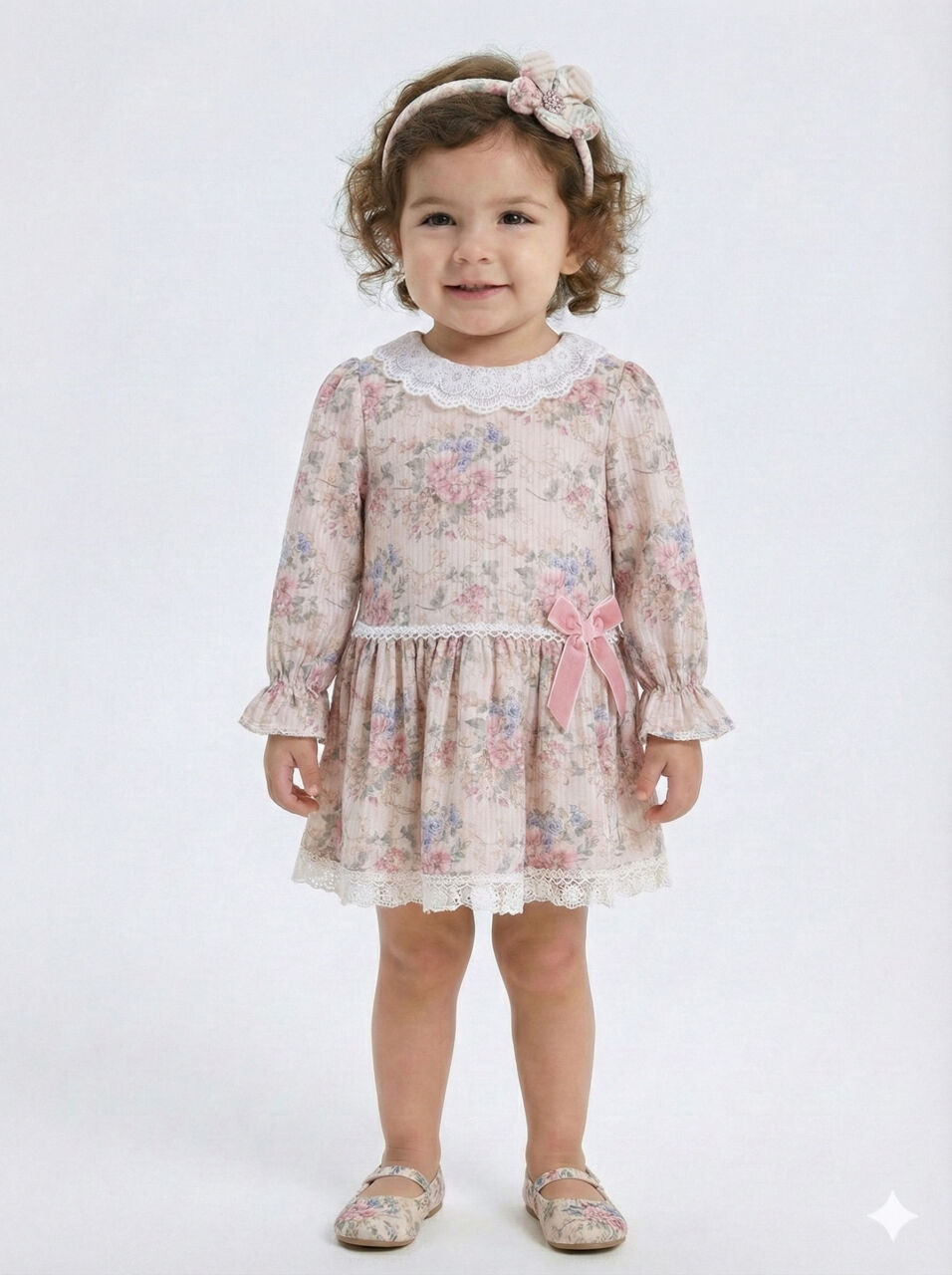 Kız Çocuk Çiöekli Elbise + Kürk Yakalı Bolero 1-5 Yaş 4741 Pembe - 3