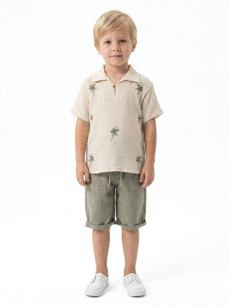 Erkek Çocuk Yazlık 2'li Alt Üst Takım (Gömlek + Şort) 3-8 Yaş 8502 Bej - Haki - Top Kids