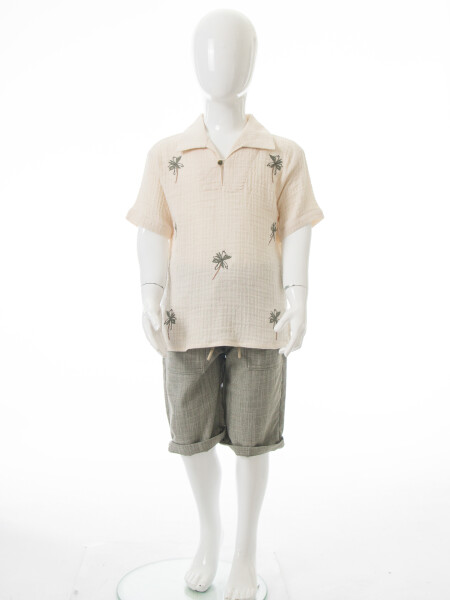 Erkek Çocuk Yazlık 2'li Alt Üst Takım (Gömlek + Şort) 3-8 Yaş 8502 Bej - Haki - 3