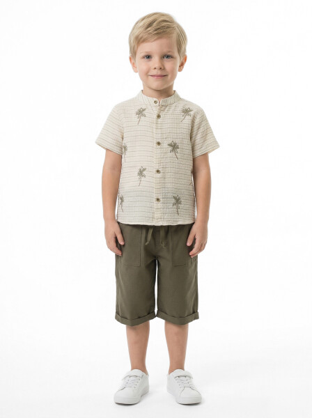 Erkek Çocuk Yazlık 2'li Alt Üst Takım (Gömlek + Şort) 1-5 Yaş 8087 Bej - Haki - Top Kids
