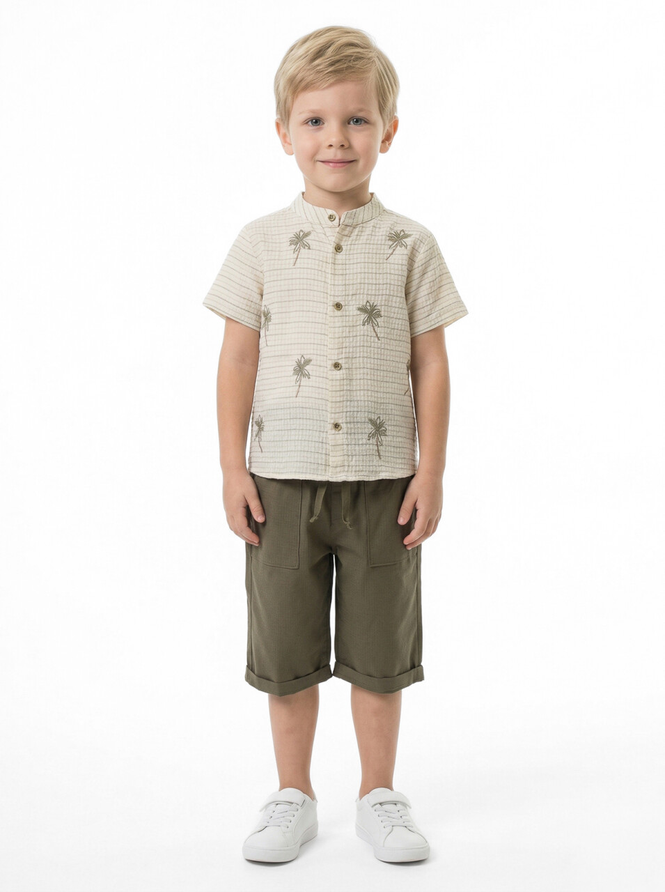 Erkek Çocuk Yazlık 2'li Alt Üst Takım (Gömlek + Şort) 1-5 Yaş 8087 Bej - Haki - 1