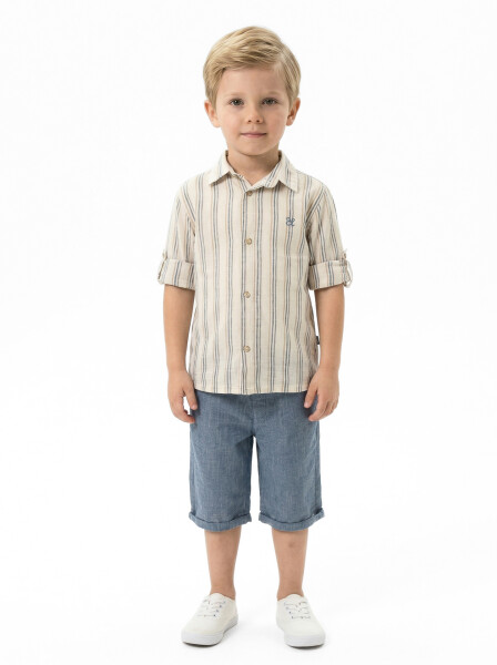 Erkek Çocuk Yazlık 2'li Alt Üst Takım (Gömlek + Şort) 3-8 Yaş 8127 Bej - Mavi - Top Kids