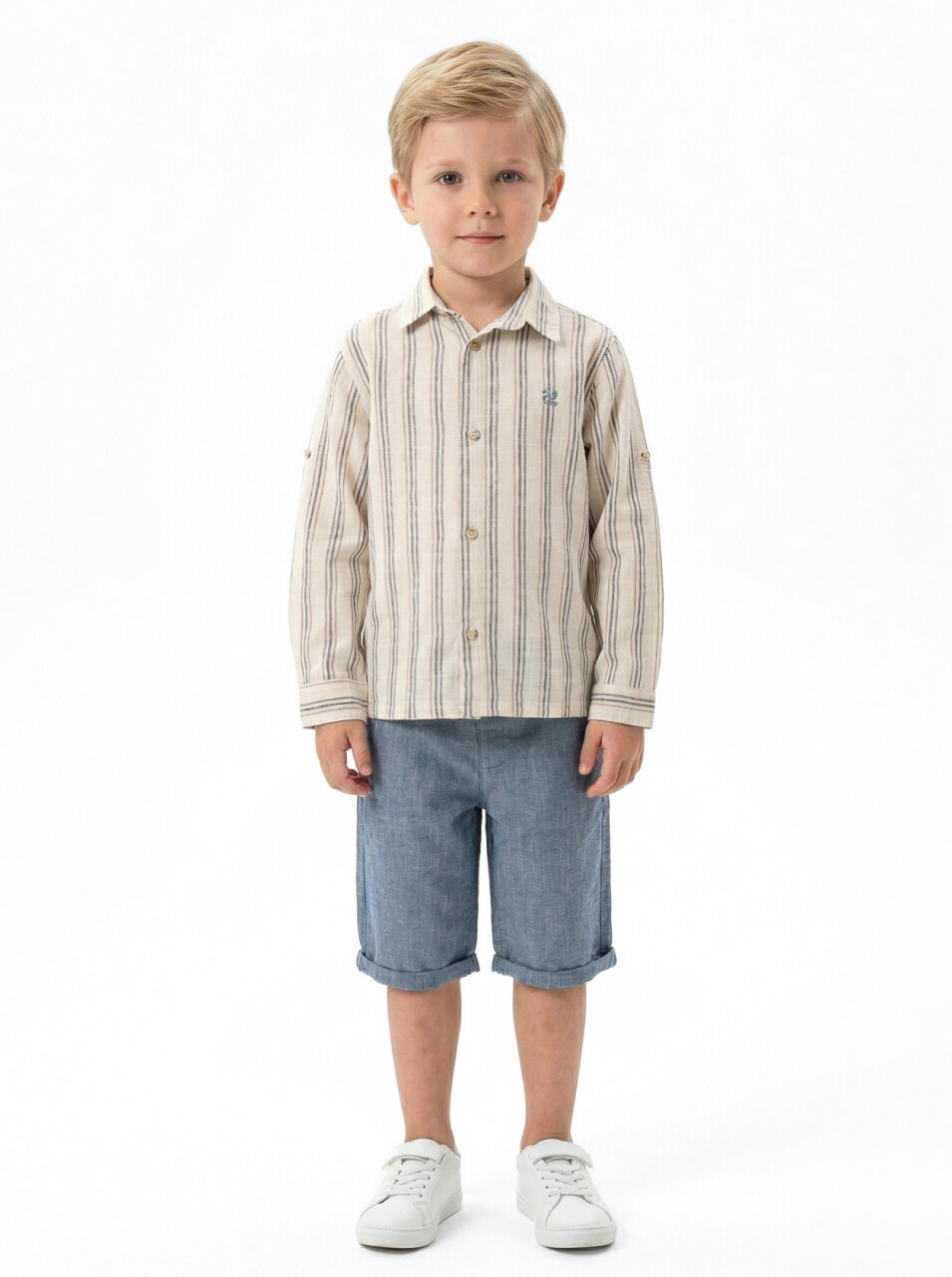 Erkek Çocuk Yazlık 2'li Alt Üst Takım (Gömlek + Şort) 3-8 Yaş 8127 Bej - Mavi - 4