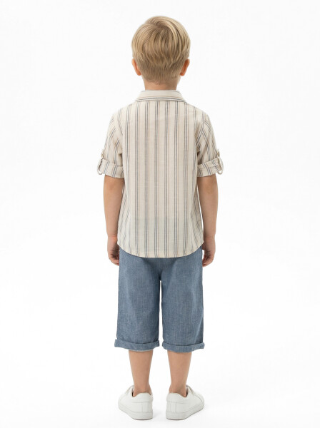 Erkek Çocuk Yazlık 2'li Alt Üst Takım (Gömlek + Şort) 3-8 Yaş 8127 Bej - Mavi - 5