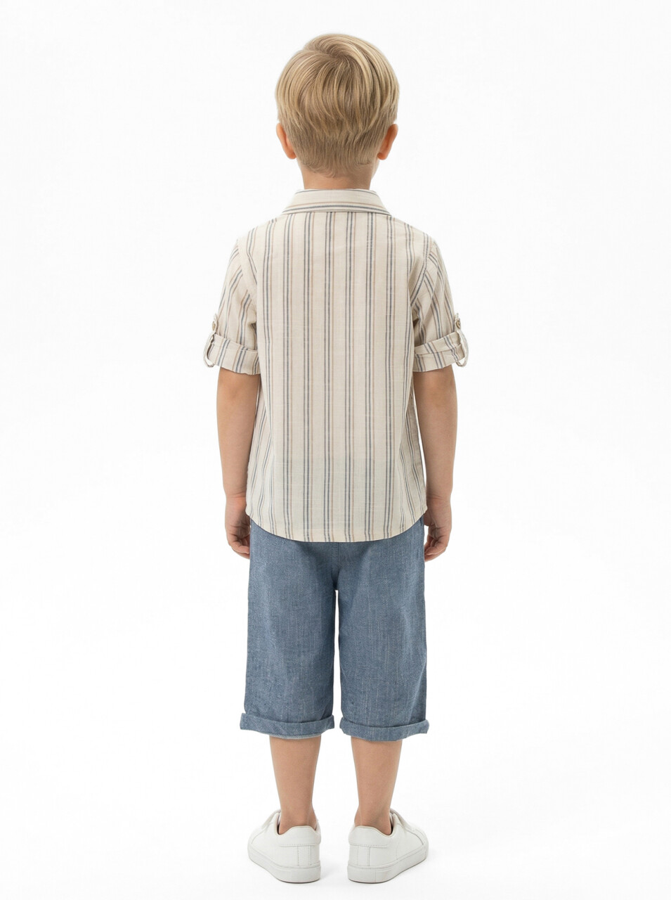 Erkek Çocuk Yazlık 2'li Alt Üst Takım (Gömlek + Şort) 3-8 Yaş 8127 Bej - Mavi - 5