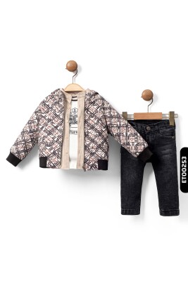 Kapüşonlu Nakışlı Dijital Baskılı Fermuarlı 4'lü Erkek Çocuk Alt Üst Takım 6-36 Ay 1130 Bej - Siyah - Top Kids