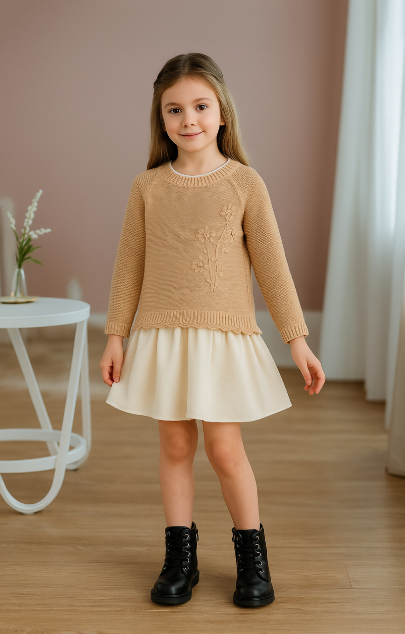 Kız Çocuk Elbise 3-7 Yaş 4026 Bej - 5