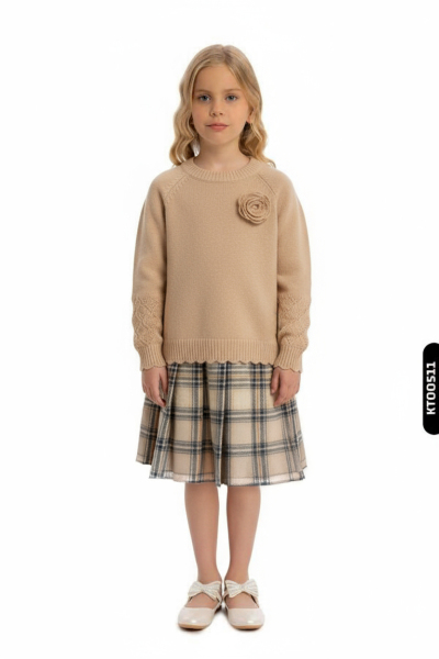 Kız Çocuk Elbise 3-12 Yaş 4065 Bej - Top Teens