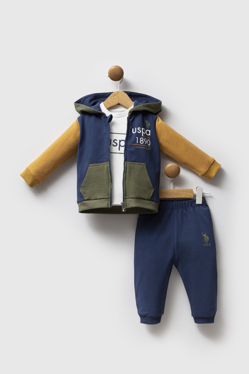 طقم بولو أمريكي من 3 قطع USB2574 أزرق نيلي وخردلي - 1