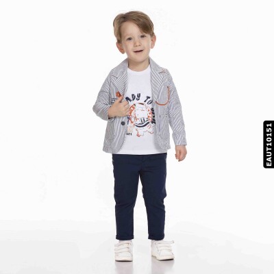 Erkek Alt Üst 3lü Takım Çizgili Ceket Tişört Ve Lastikli Pantolon 9 Ay - 2 Yaş Eaut10151 Lacivert - xo kids