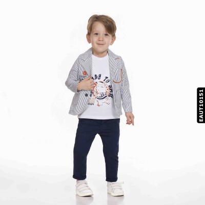 Erkek Alt Üst 3lü Takım Çizgili Ceket Tişört Ve Lastikli Pantolon 9 Ay - 2 Yaş Eaut10151 Lacivert - 2