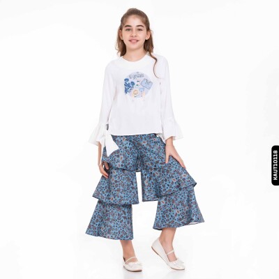 طقم كاجوال بناتي 4-12 سنوات KAUT10118 BEYAZ - MAVİ - 2